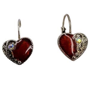 Vintage Red Heart Earrings 1" Silver Tone Valentines Jewelry Rhinestones